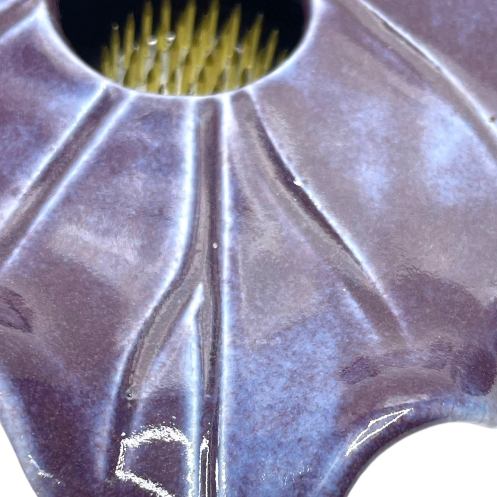 Ikebana Kenzan Flower Flog Glazed Ceramic Purple Elephant Ear Leaf Vase 6.5" - Picture 7 of 9